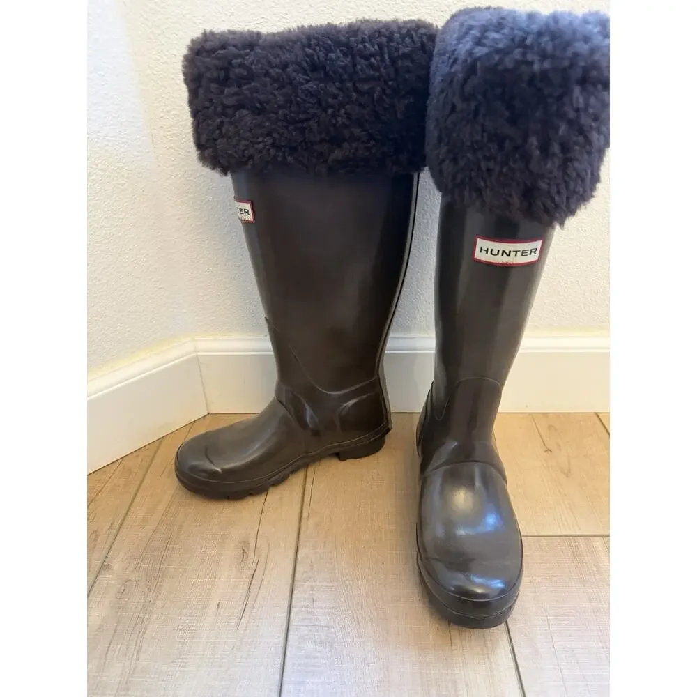 Hunter Original Tall Rain Boots Brown Teddy Outside Womens 5 / Mens 4